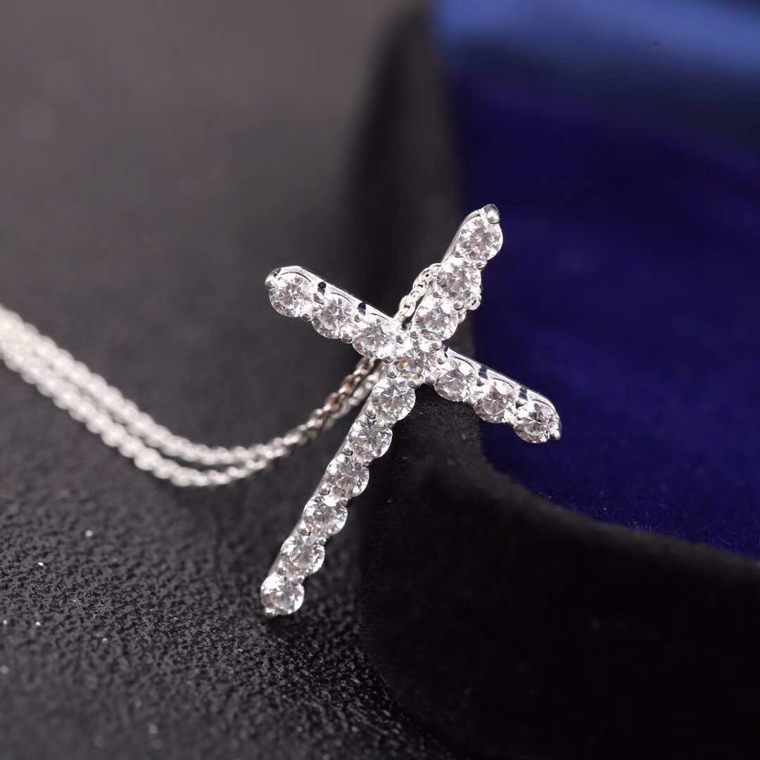 [JeweliWhal]MOISSANITE STONE CROSS PENDANT NECKLACE SIMULATED DIAMOND CROSS CHOKER