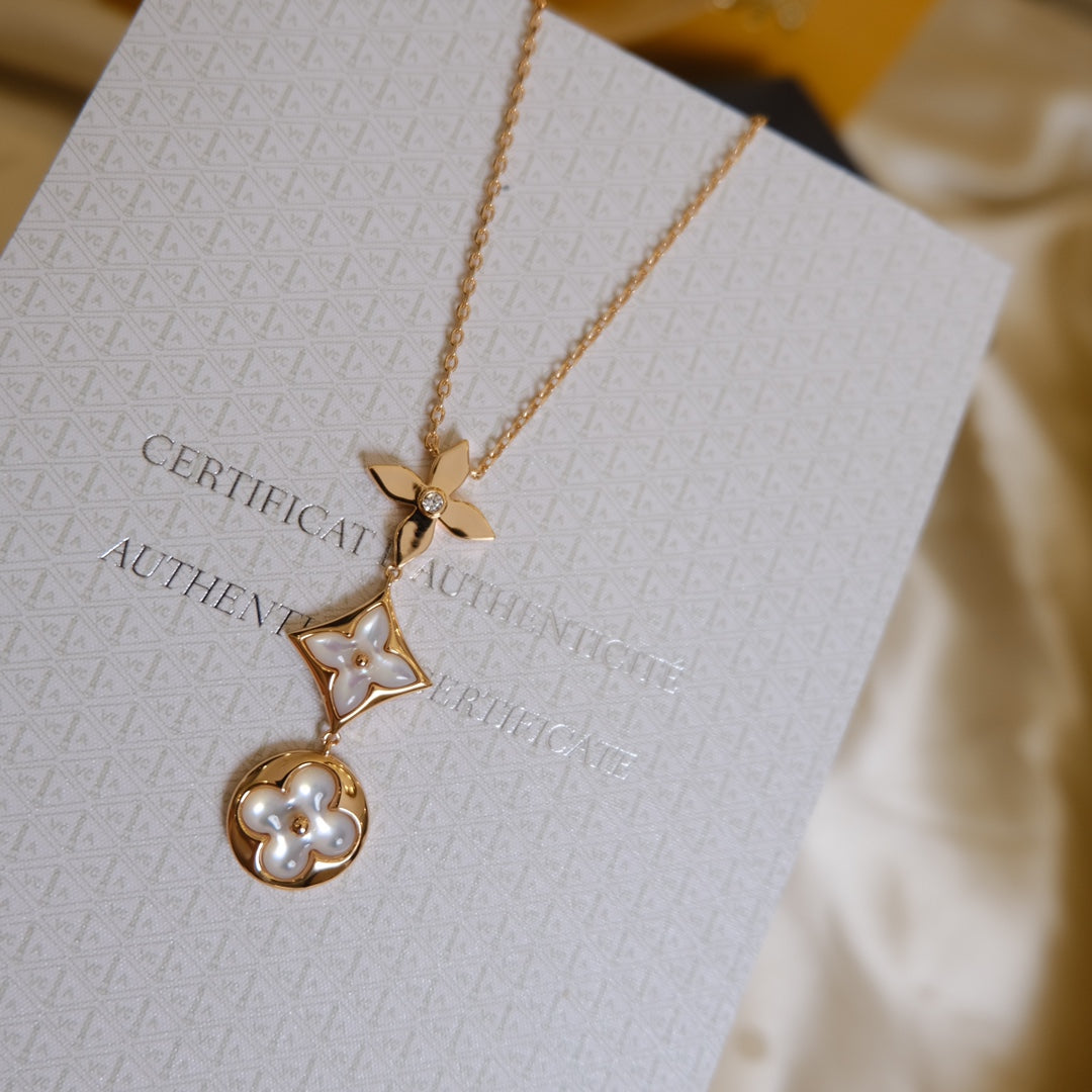 [⭐⭐JeweliWhal]COLOR BLOSSOM LARIAT-HALSKETTE IN ROSÉGOLD MIT WEISSEM PERLMUTT UND DIAMANT
