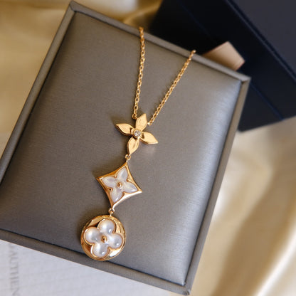 [⭐⭐JeweliWhal]COLOR BLOSSOM LARIAT-HALSKETTE IN ROSÉGOLD MIT WEISSEM PERLMUTT UND DIAMANT