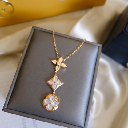 [⭐⭐JeweliWhal]COLOR BLOSSOM LARIAT-HALSKETTE IN ROSÉGOLD MIT WEISSEM PERLMUTT UND DIAMANT