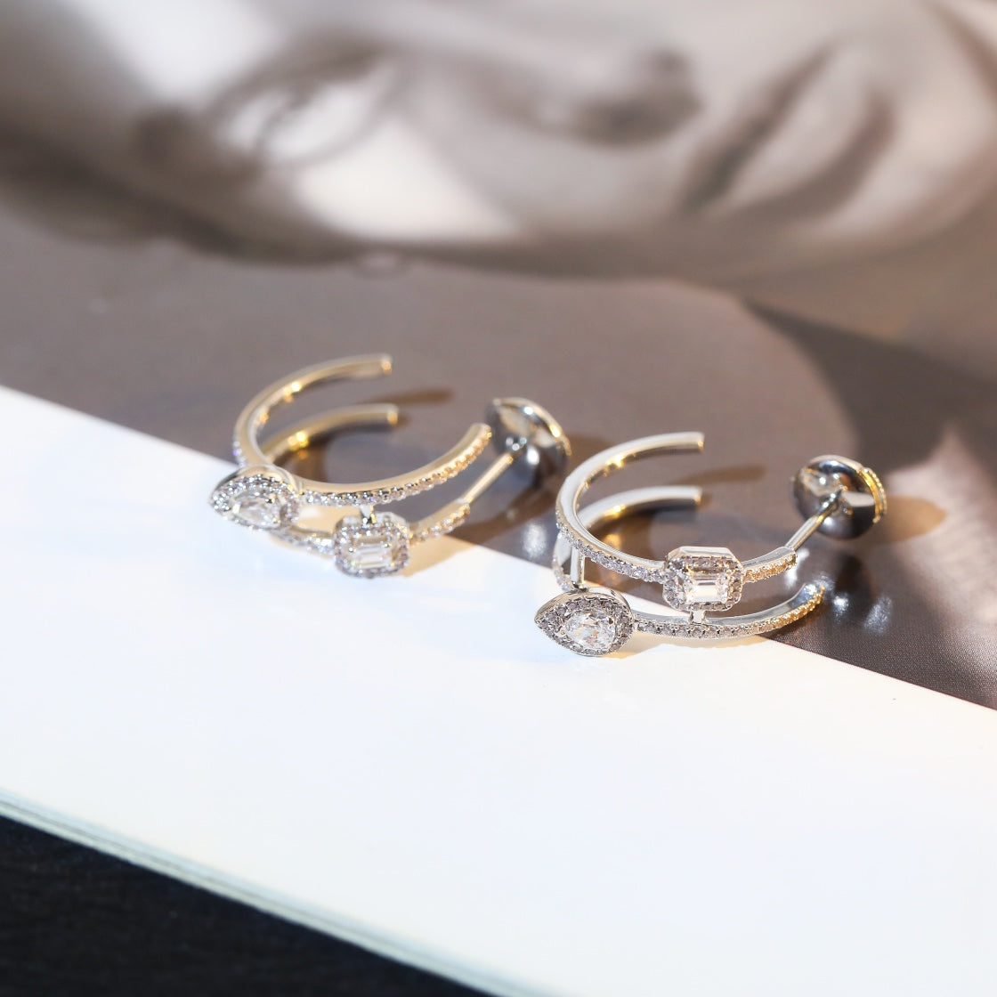 [⭐⭐JeweliWhal]CREOLES MY TWIN 2 RANGS SILVER DIAMOND EARRINGS