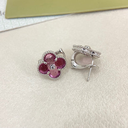 [⭐⭐JeweliWhal]2026 NEW  CLOVER 1 MOTIFPINK ENAMEL STUD EARRINGS WITH DIAMONDS2