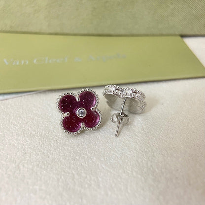 [⭐⭐JeweliWhal]2026 NEW  CLOVER 1 MOTIFPINK ENAMEL STUD EARRINGS WITH DIAMONDS