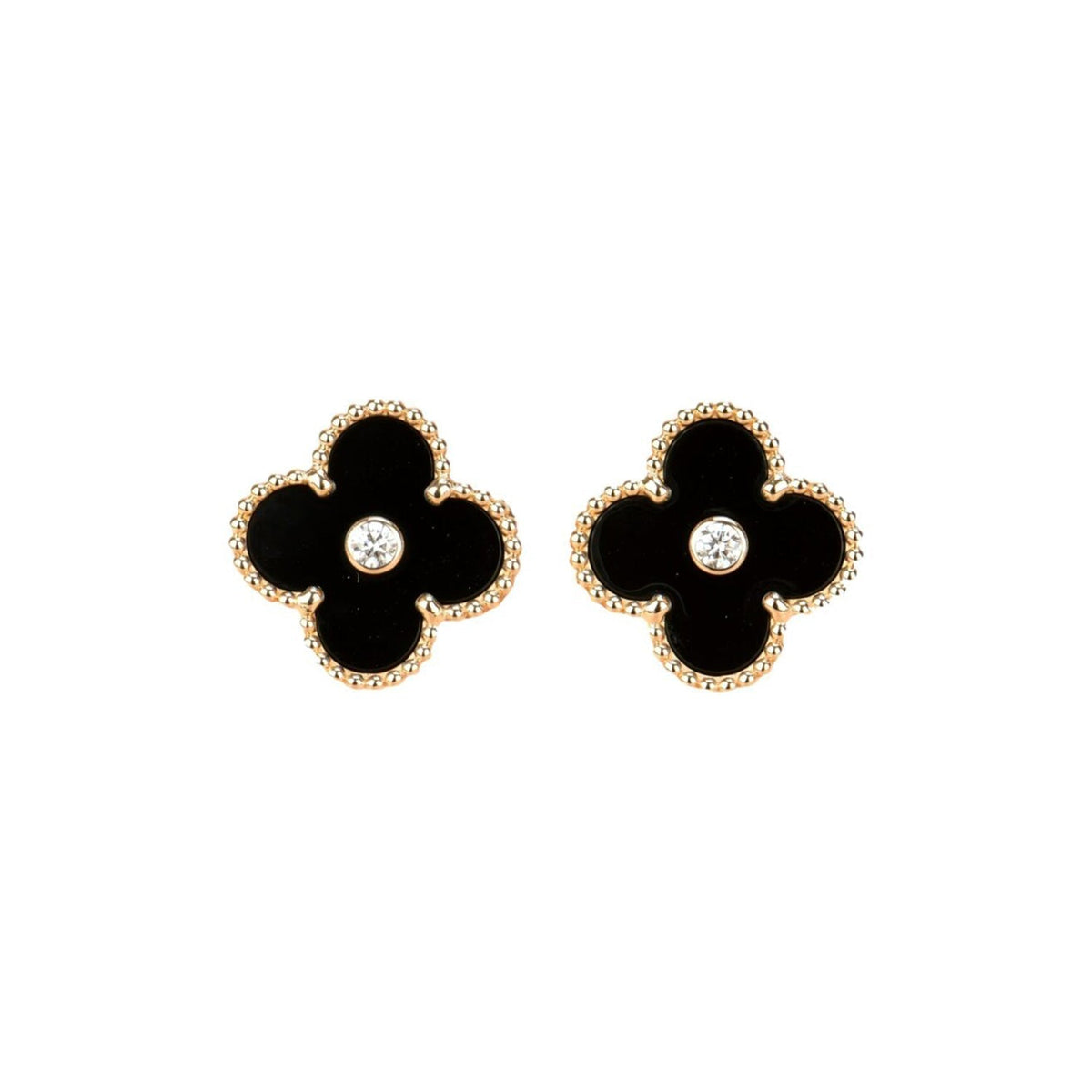 [⭐⭐JeweliWhal]CLOVER MEDIUM 1 MOTIFS ONYX DIAMOND EARRINGS