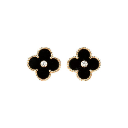 [⭐⭐JeweliWhal]CLOVER MEDIUM 1 MOTIFS ONYX DIAMOND EARRINGS