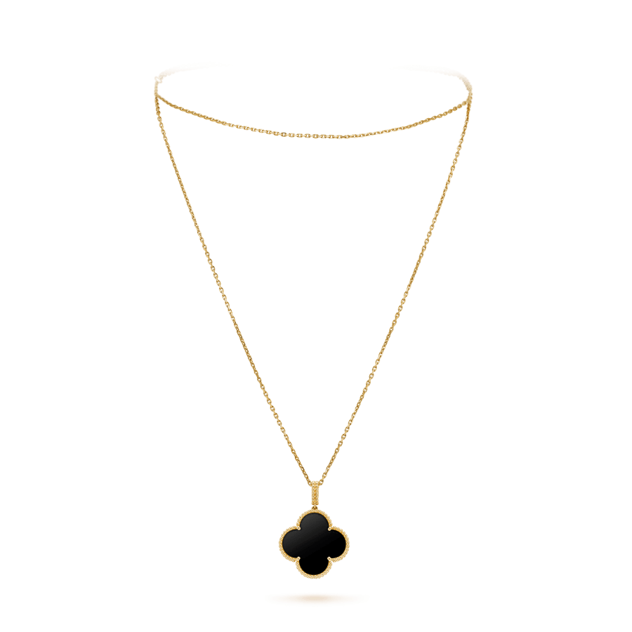 [⭐⭐JeweliWhal]CLOVER 25MM GOLD ONYX GROSSES KLEEBELATT-COLLIER