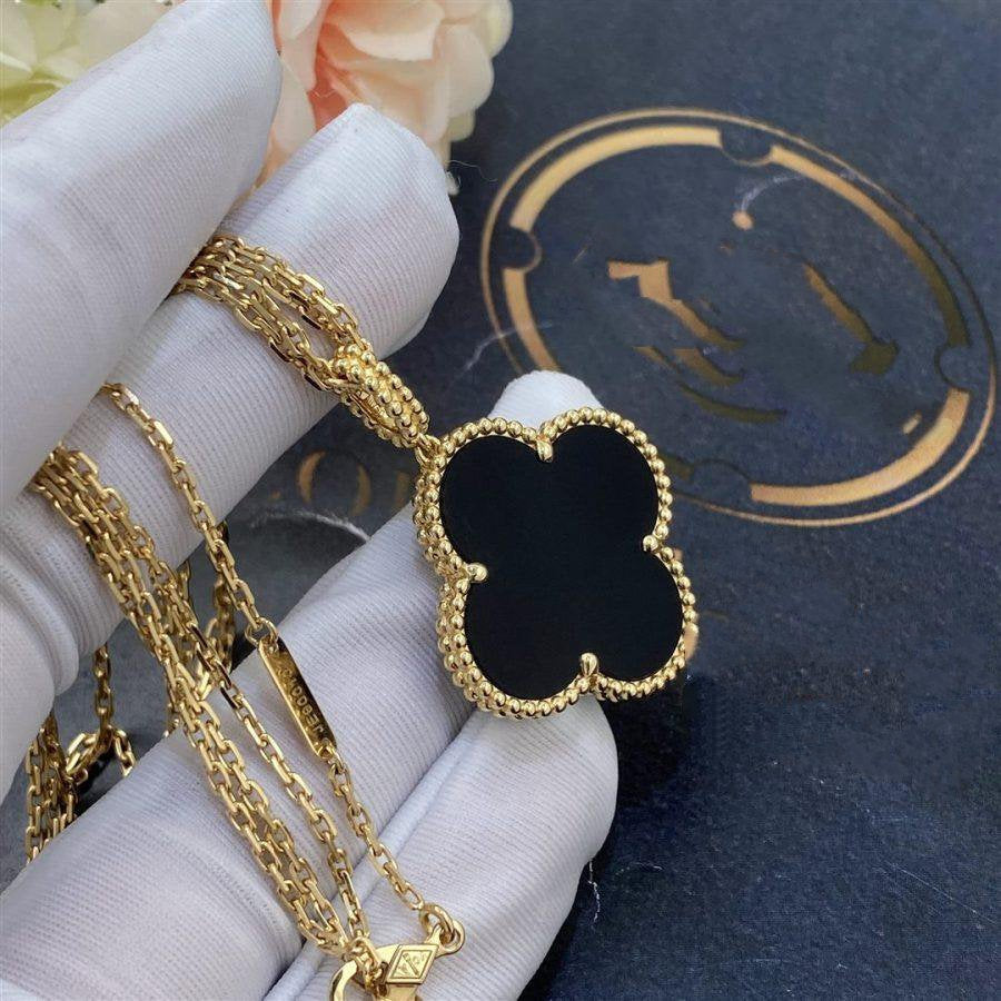 [⭐⭐JeweliWhal]CLOVER 25MM GOLD ONYX GROSSES KLEEBELATT-COLLIER
