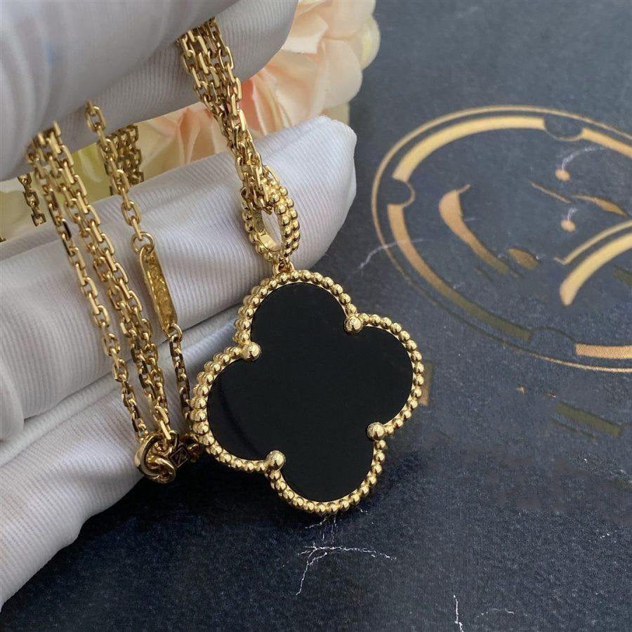 [⭐⭐JeweliWhal]CLOVER 25MM GOLD ONYX GROSSES KLEEBELATT-COLLIER