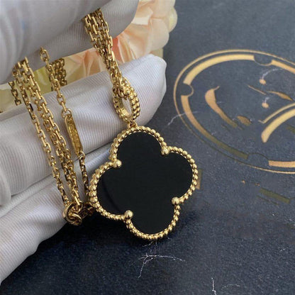 [⭐⭐JeweliWhal]CLOVER 25MM GOLD ONYX GROSSES KLEEBELATT-COLLIER