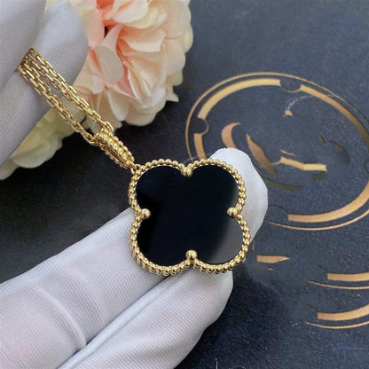 [⭐⭐JeweliWhal]CLOVER 25MM GOLD ONYX GROSSES KLEEBELATT-COLLIER