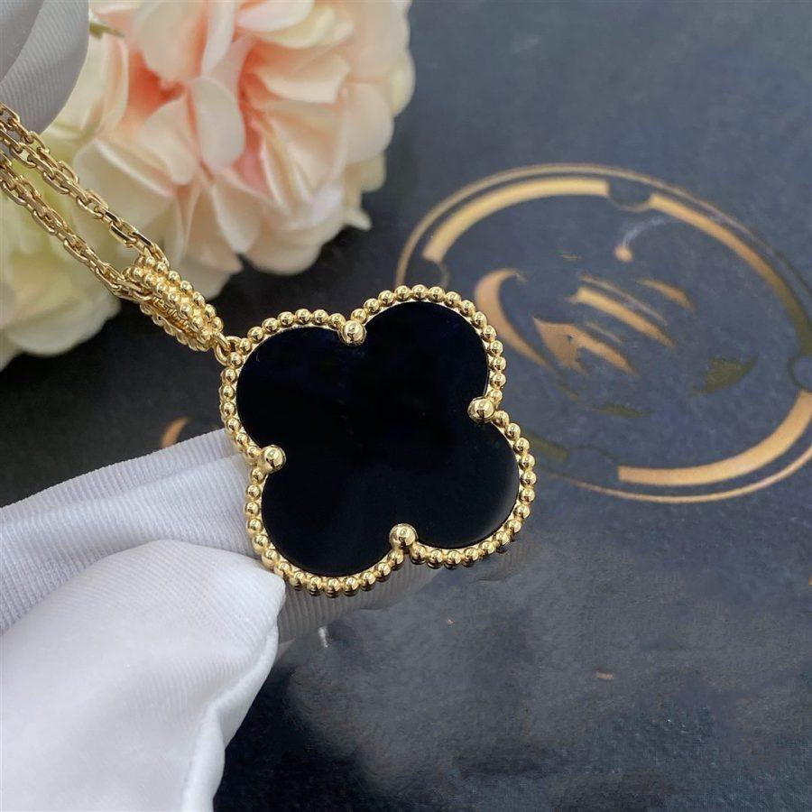 [⭐⭐JeweliWhal]CLOVER 25MM GOLD ONYX GROSSES KLEEBELATT-COLLIER