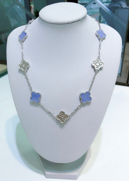 [⭐⭐JeweliWhal]CLOVER 10 MOTIFS CHALCEDONY DIAMONDS SILVER NECKLACE