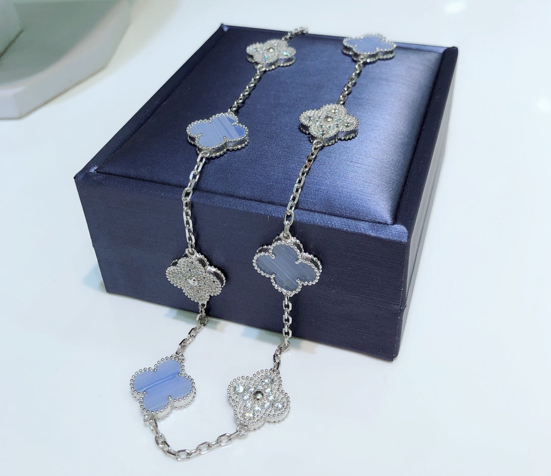 [⭐⭐JeweliWhal]CLOVER 10 MOTIFS CHALCEDONY DIAMONDS SILVER NECKLACE