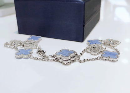[⭐⭐JeweliWhal]CLOVER 10 MOTIFS CHALCEDONY DIAMONDS SILVER NECKLACE
