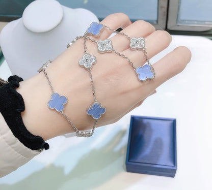 [⭐⭐JeweliWhal]CLOVER 10 MOTIFS CHALCEDONY DIAMONDS SILVER NECKLACE
